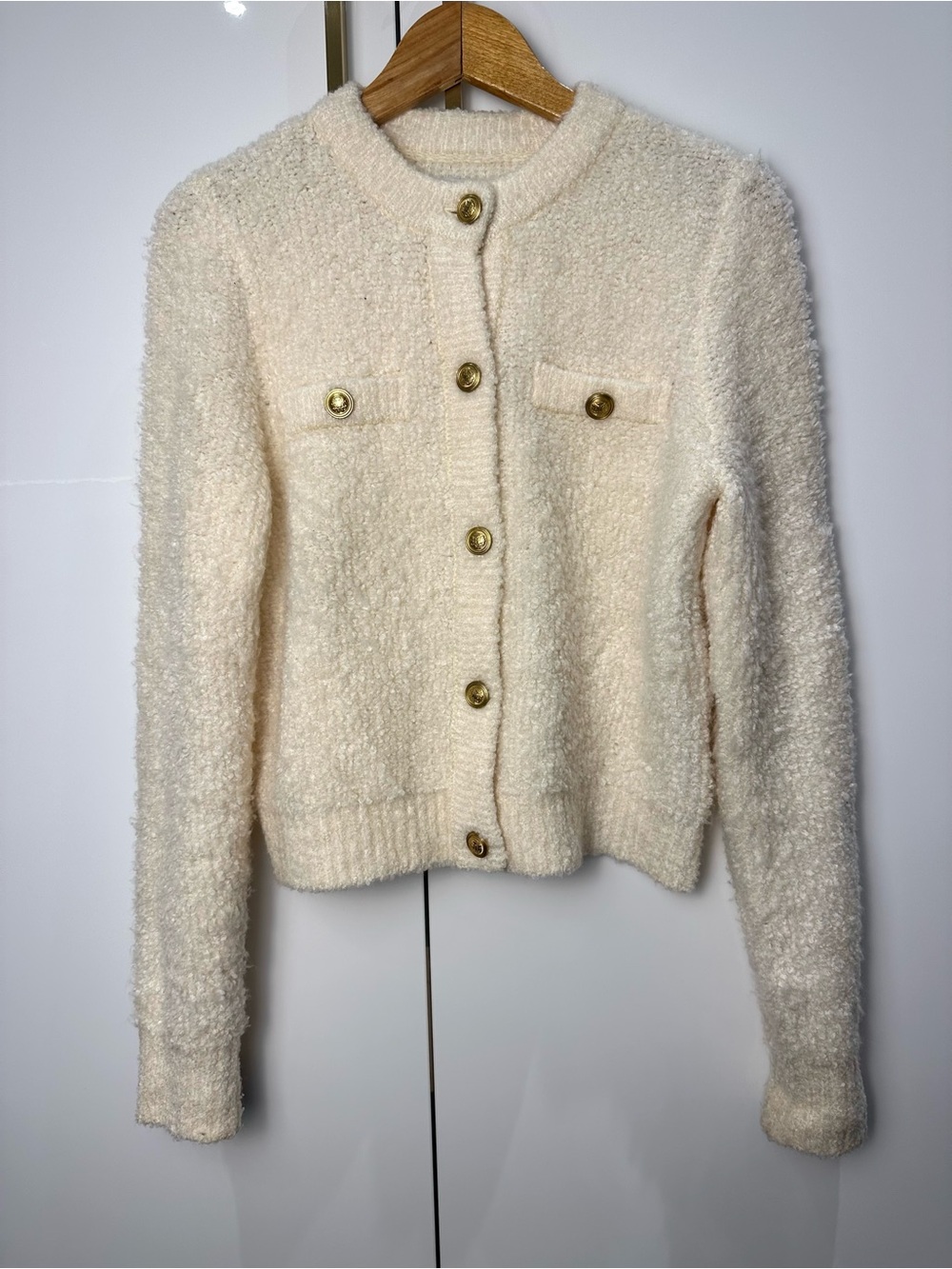 American Eagle Ivory Bouclé Gold Button Cardigan small
